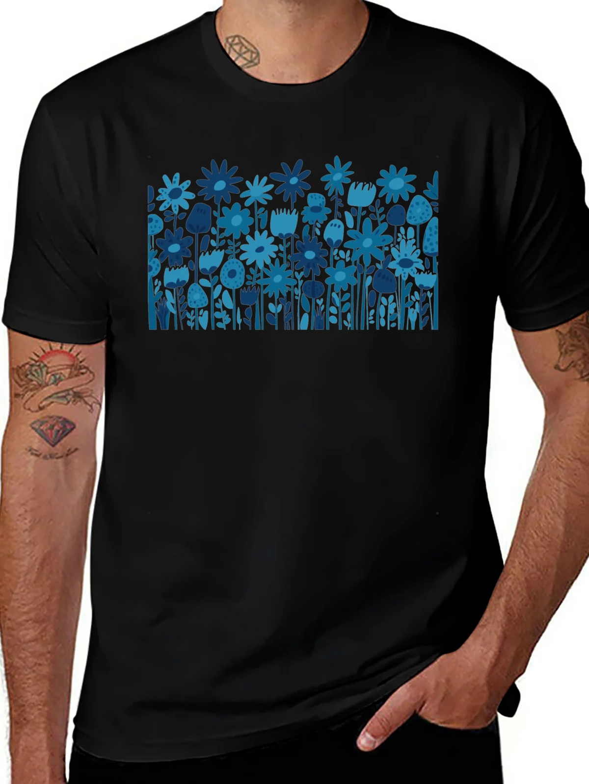 Blue Floral Print Black T-Shirt product image 4