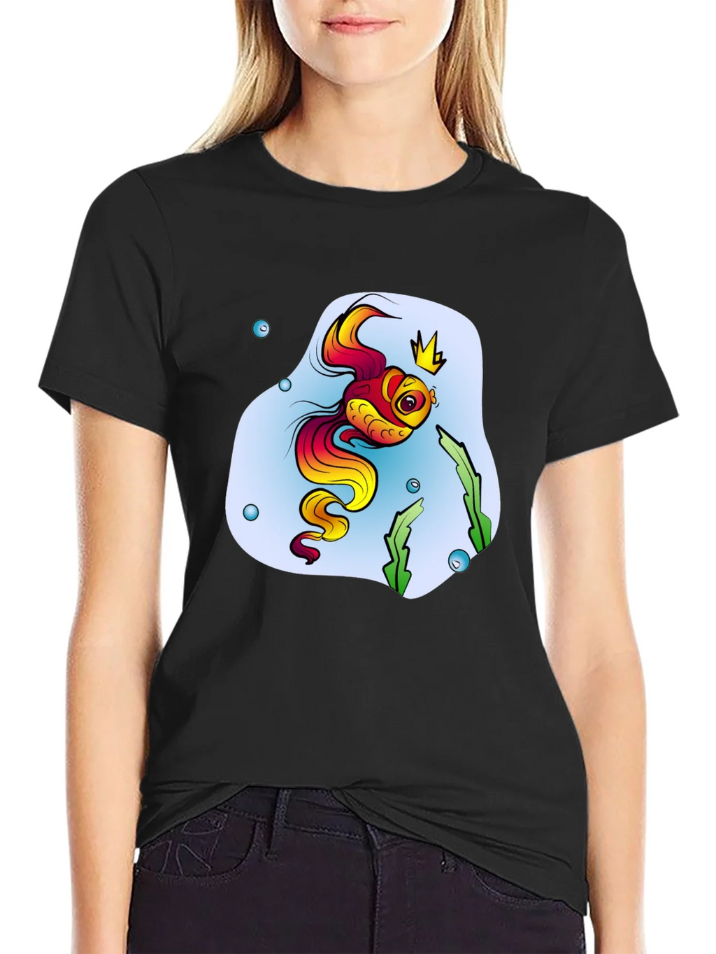 Cartoon Fish King Mens Black T-Shirt product image 2