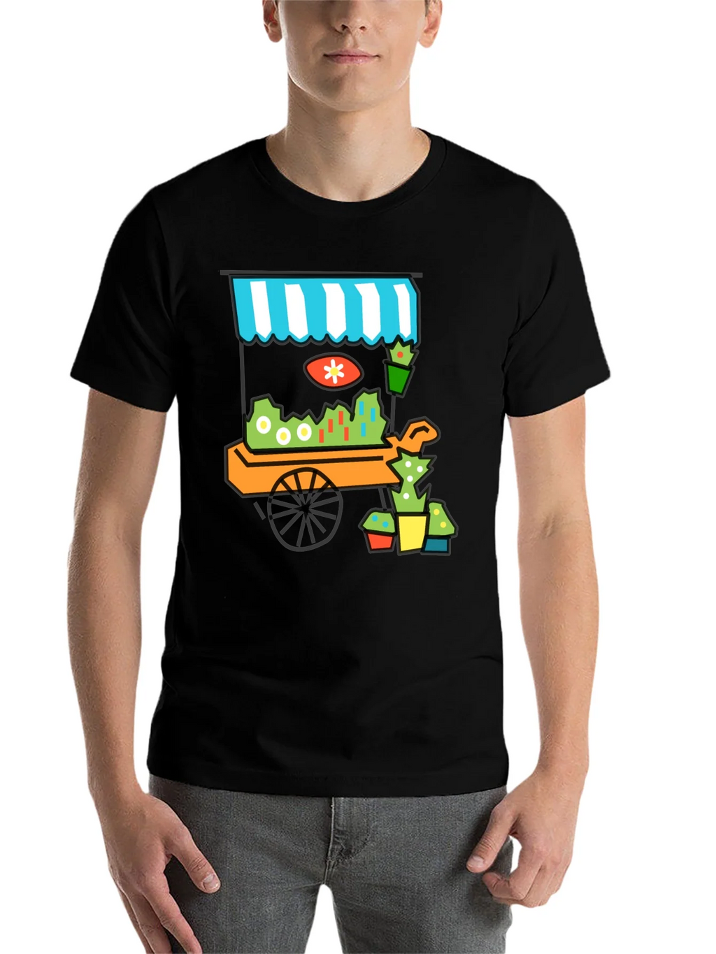 Whimsical Market Cart T-Shirt - Black Cotton Tee product image 4