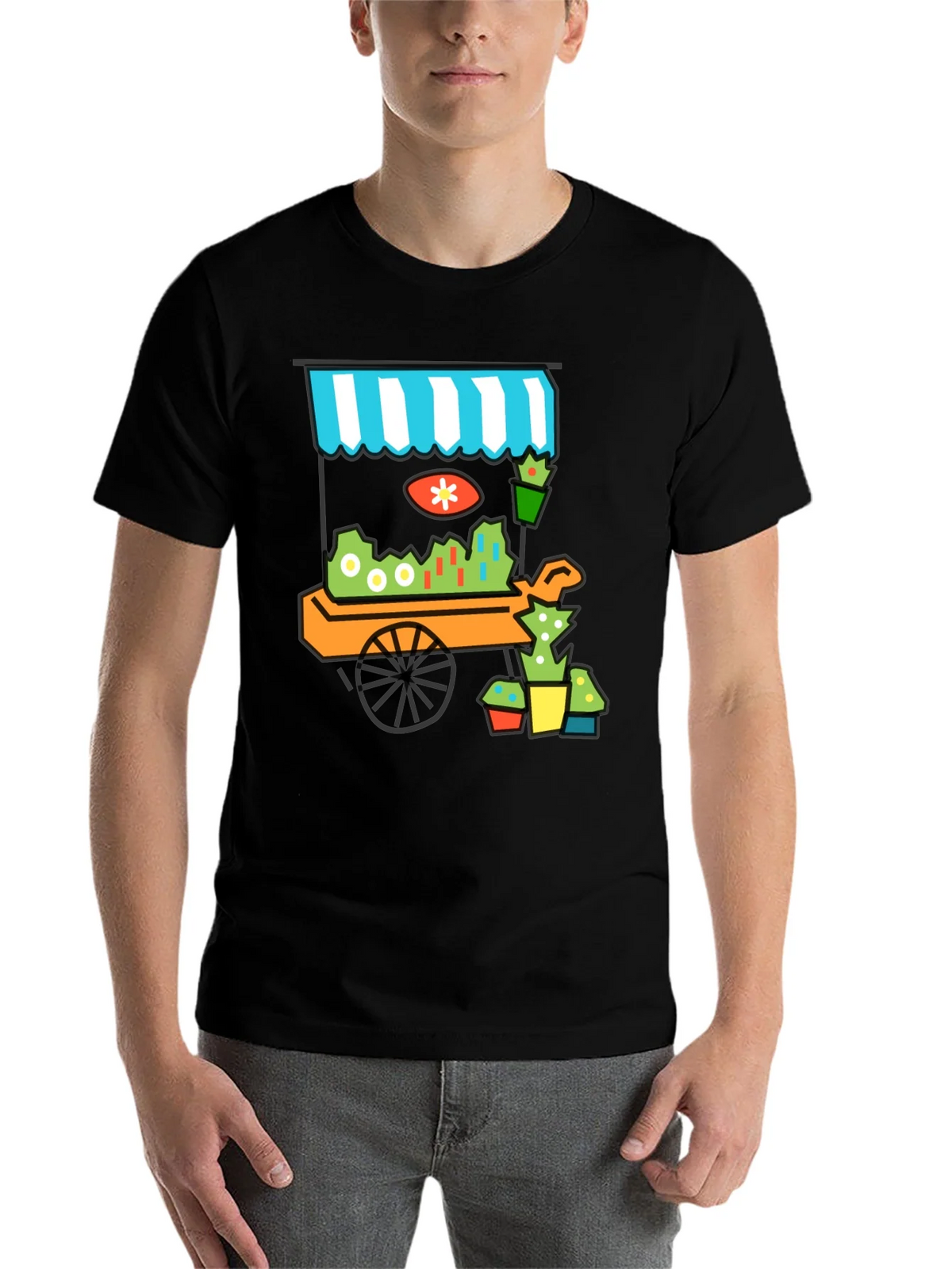 Whimsical Market Cart T-Shirt - Black Cotton Tee product image 4