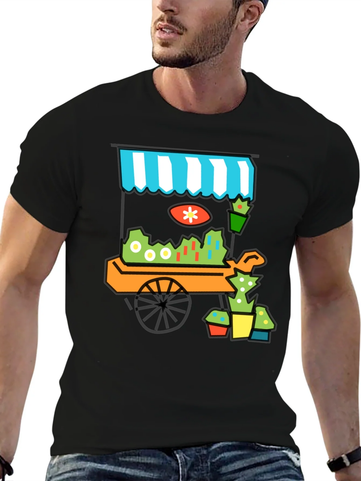 Whimsical Market Cart T-Shirt - Black Cotton Tee product image 6