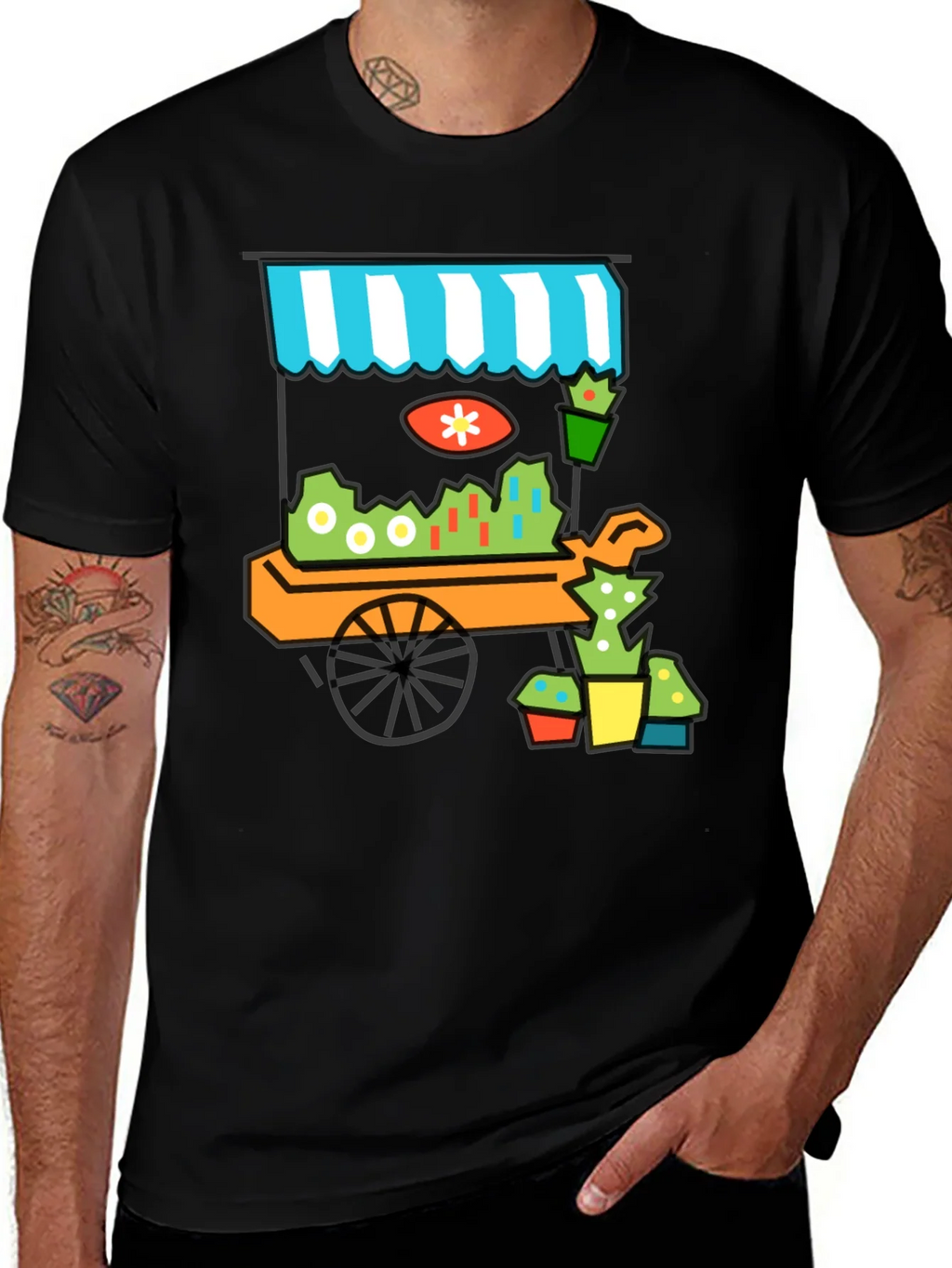 Whimsical Market Cart T-Shirt - Black Cotton Tee product image 1
