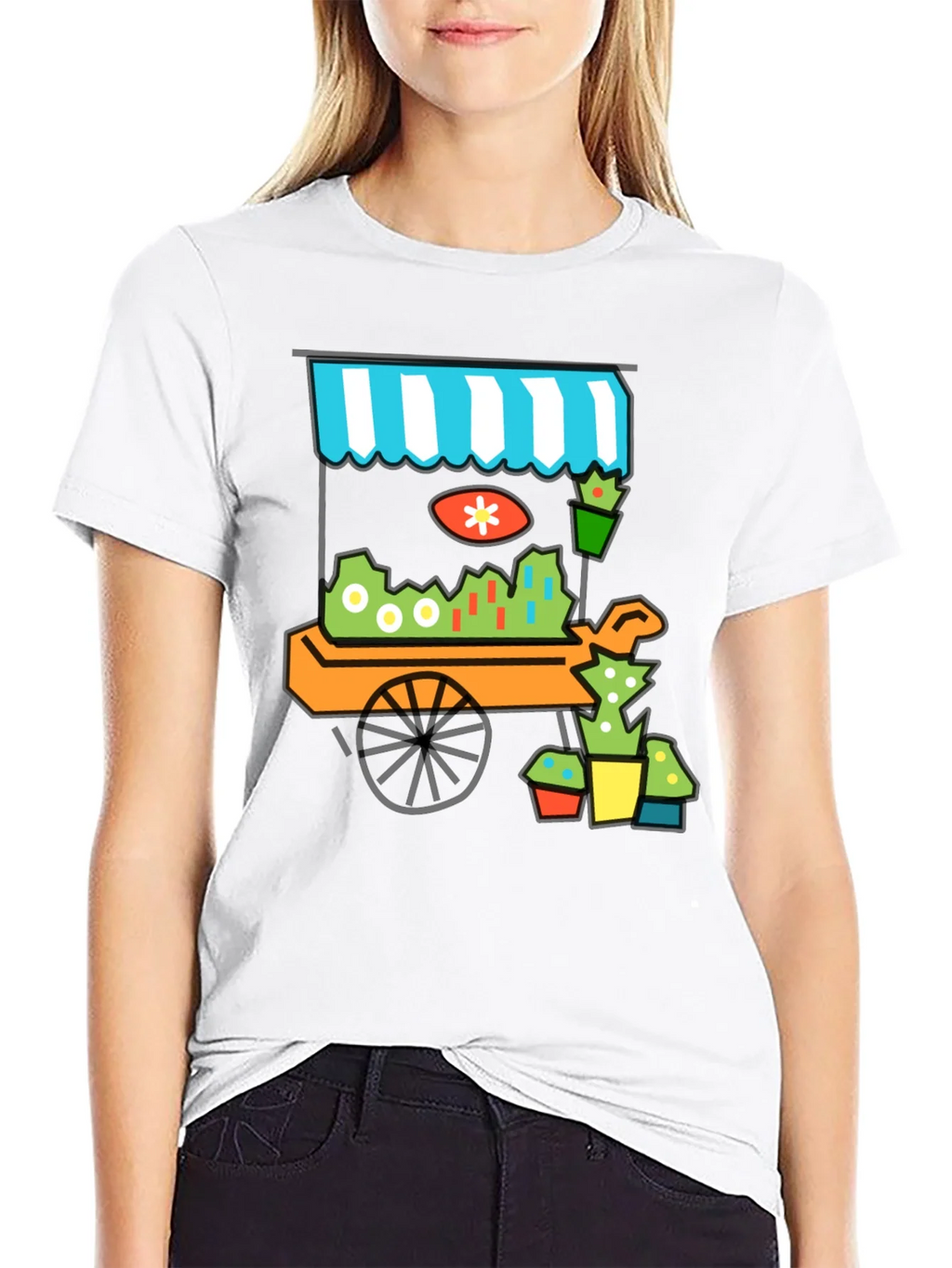 Whimsical Market Cart T-Shirt - Black Cotton Tee product image 8