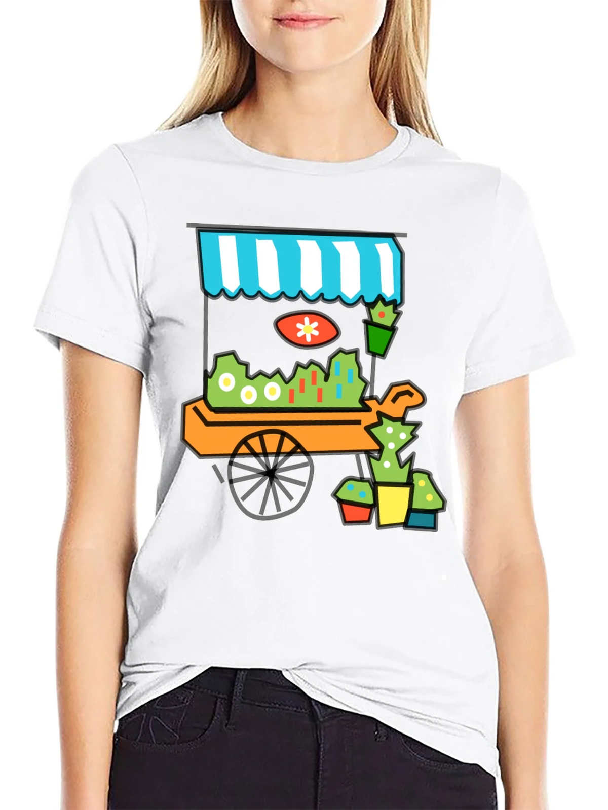 Whimsical Market Cart T-Shirt - Black Cotton Tee product image 8