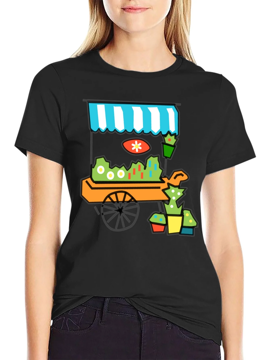 Whimsical Market Cart T-Shirt - Black Cotton Tee product image 2