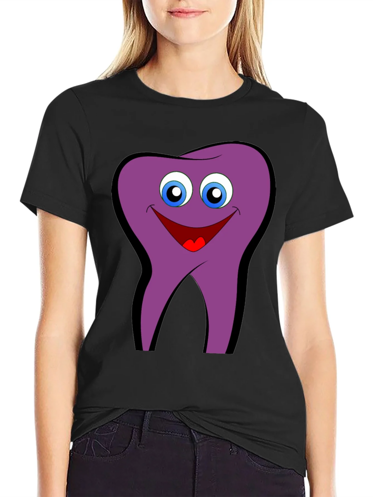 Funny Tooth Cartoon Graphic Tee - Black Cotton T-Shirt product image 2