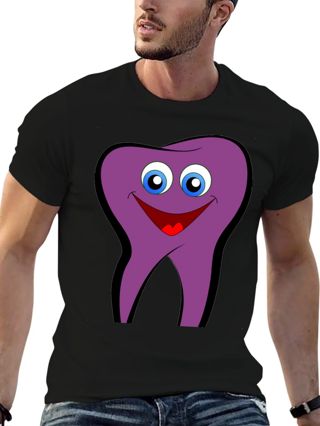 Funny Tooth Cartoon Graphic Tee - Black Cotton T-Shirt product image 6