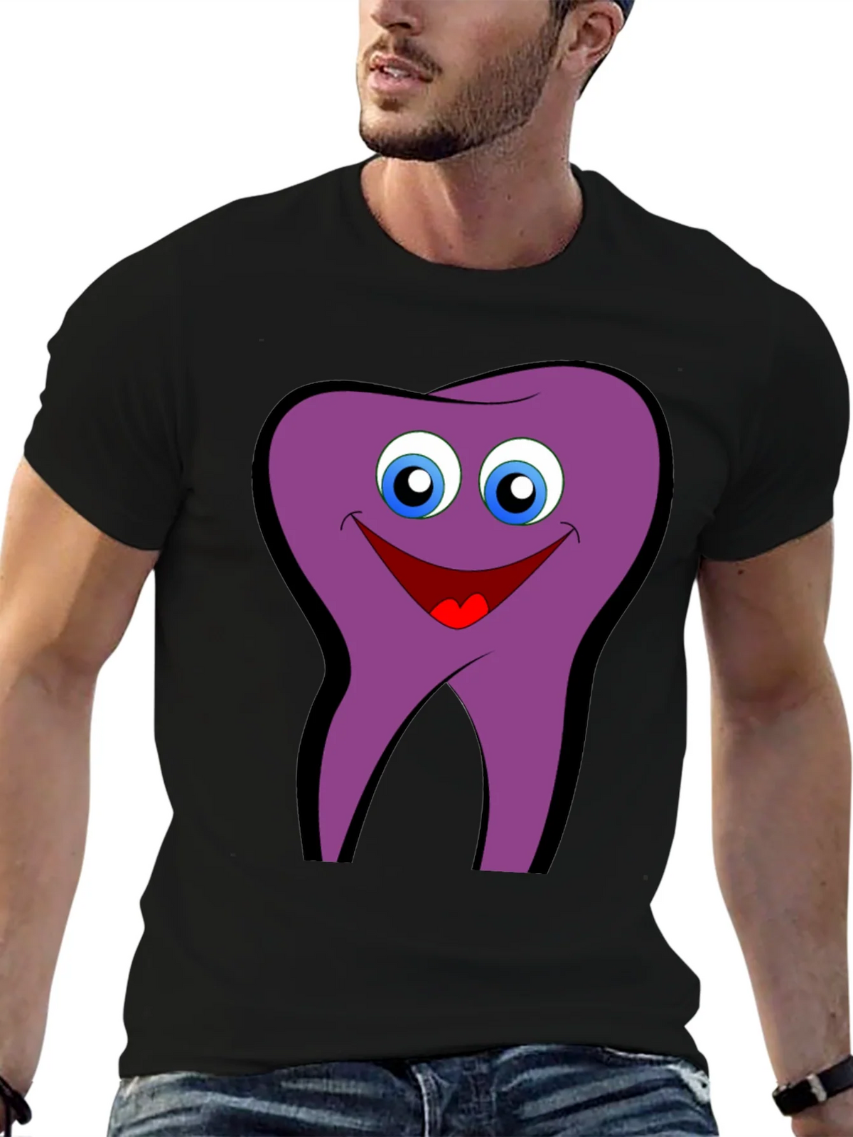 Funny Tooth Cartoon Graphic Tee - Black Cotton T-Shirt product image 6